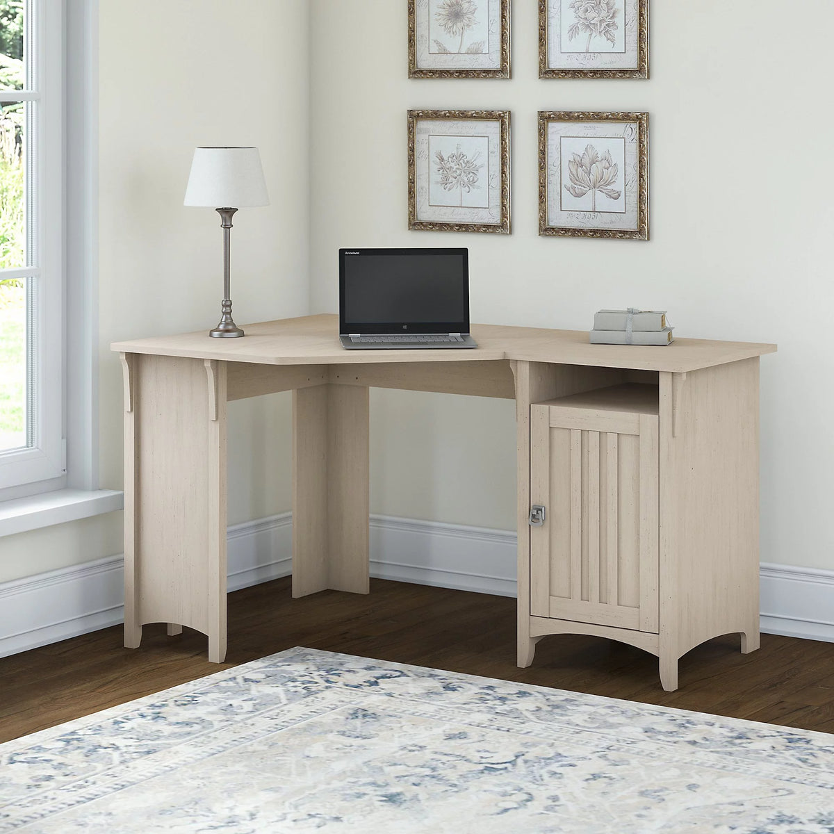 Antique White Corner Computer Desk with Storage M49731