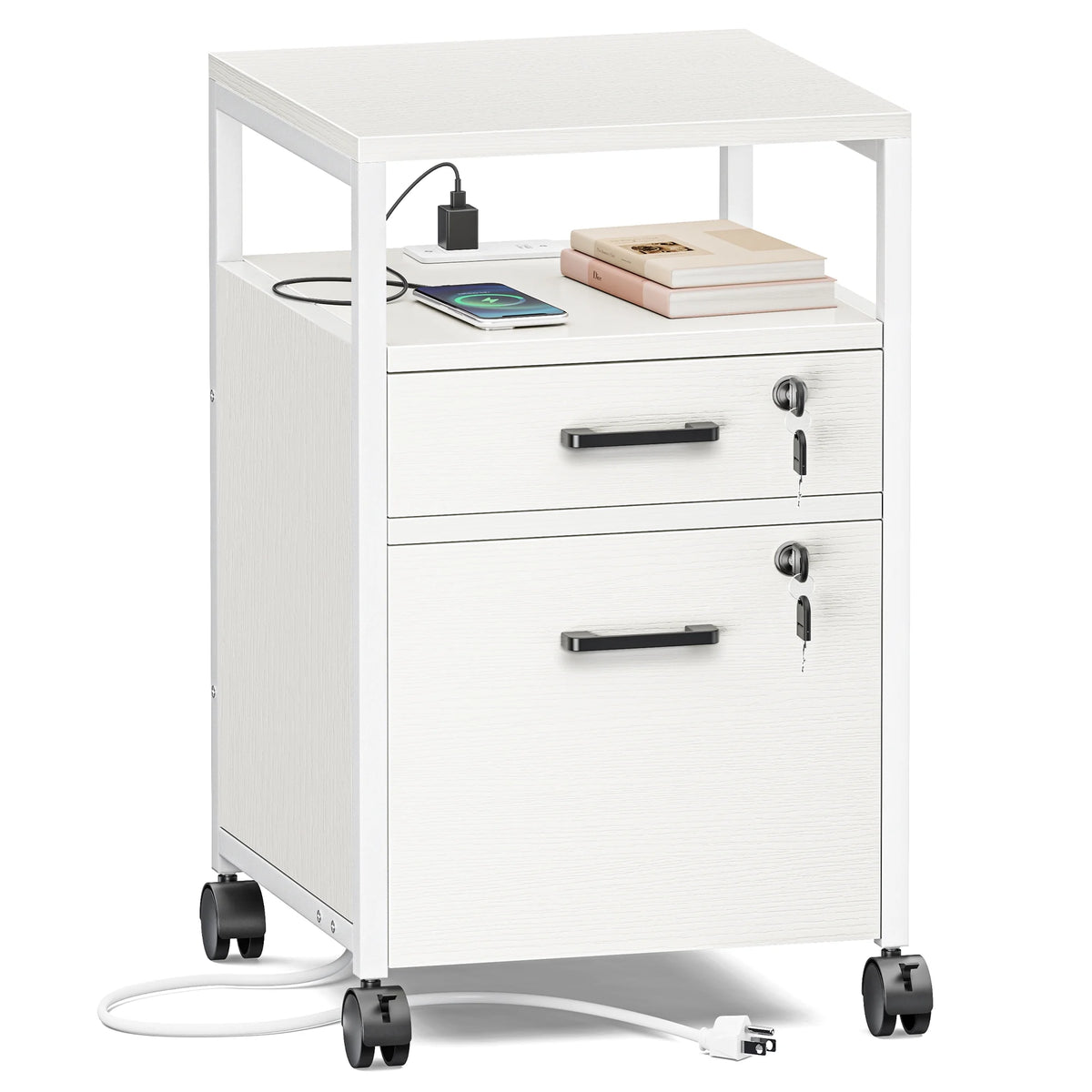 White 2 Drawer Mobile File Cabinet with Lock and Charging Station U911809