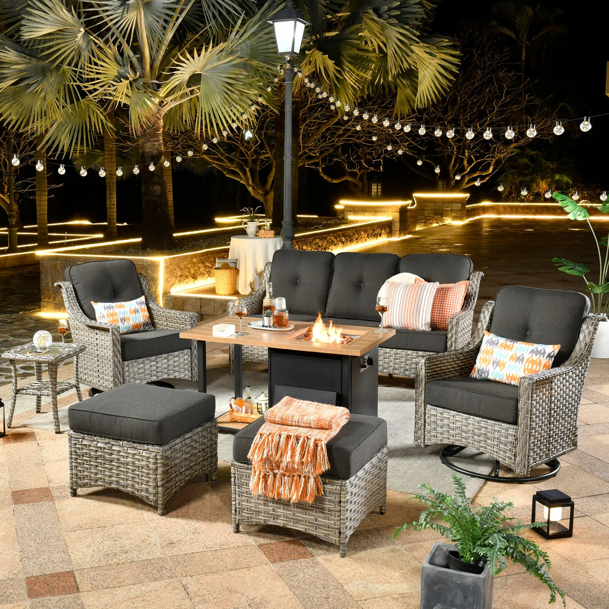 7 Pieces All Weather Wicker Patio Furniture with Fire Pit D26733
