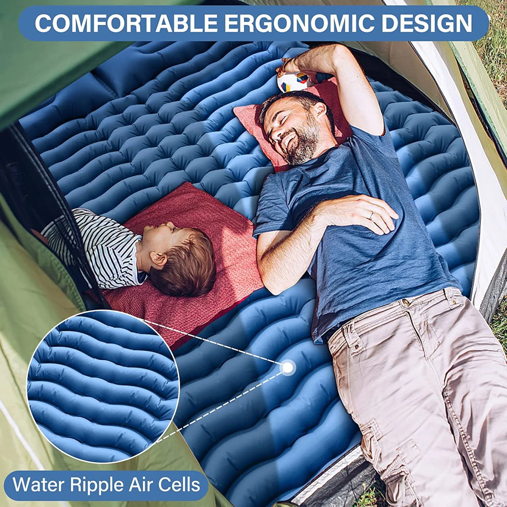 Double Camping Sleeping Pad 4 Extra-Thick 2 Person with Pillow Inflatable Mat O364770