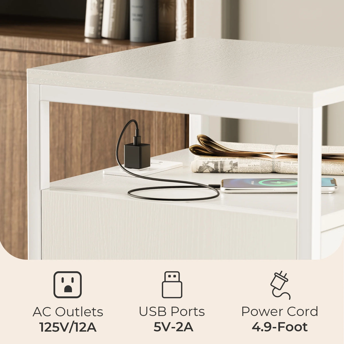 White 2 Drawer Mobile File Cabinet with Lock and Charging Station U911809