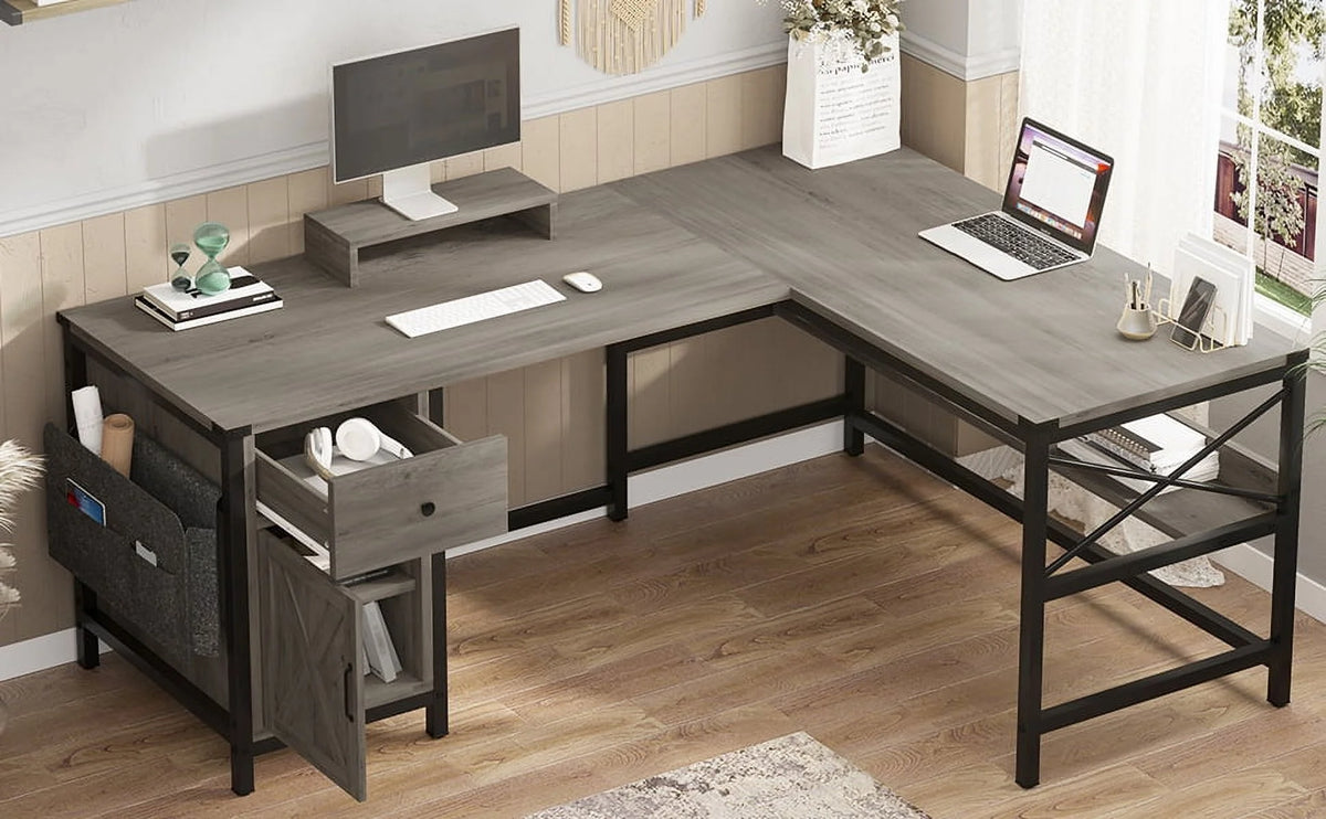 L Shaped Office Desk with Drawer and Storage Cabinet W20914