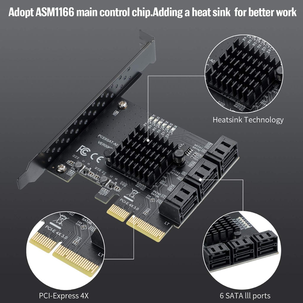 PCIe SATA Card 6 Ports SATA III Controller Expansion Card with 6 SATA Cables Pack of 2 T663280