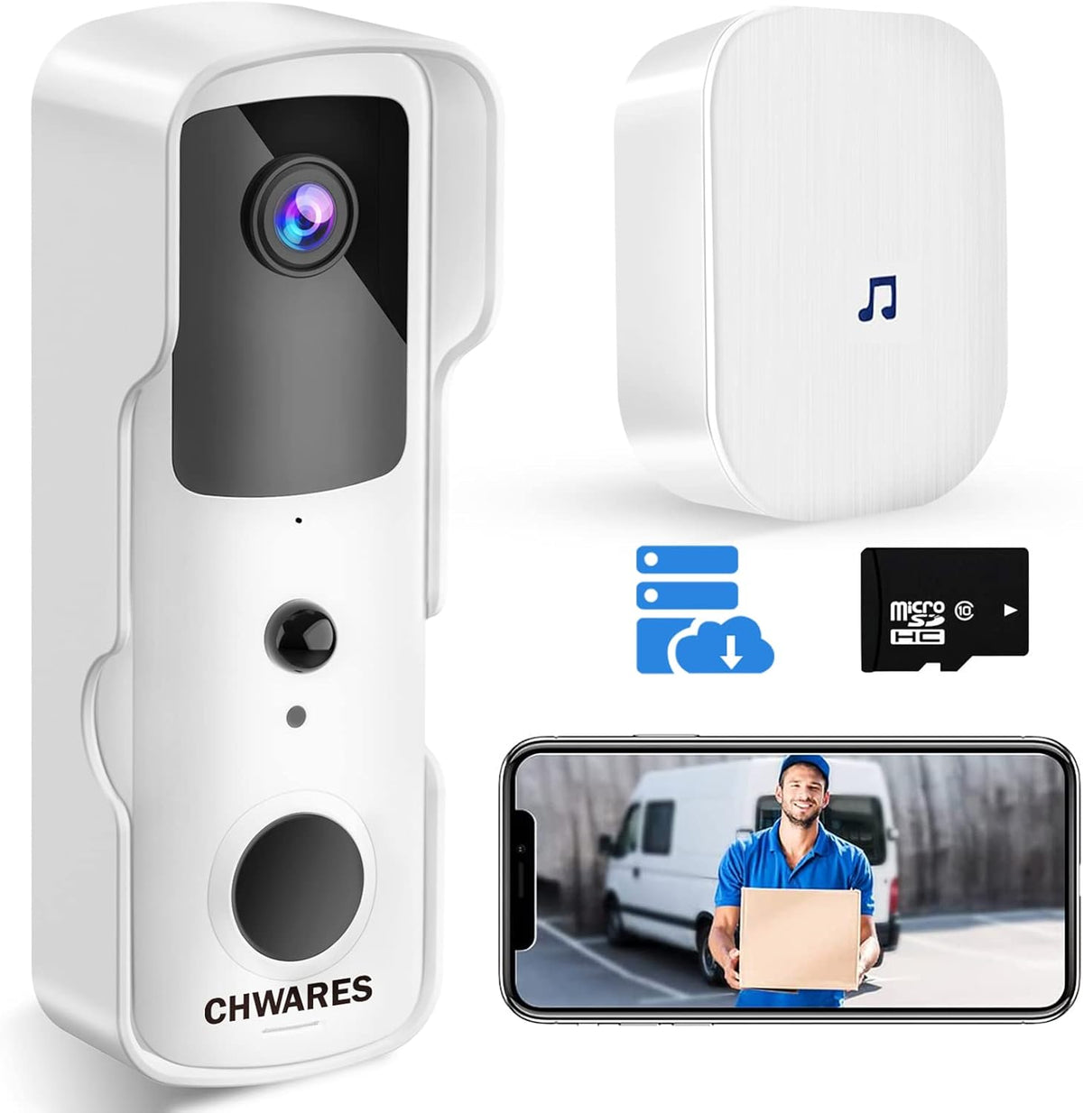 White Wireless WiFi Video Doorbell Camera with Chime U1784