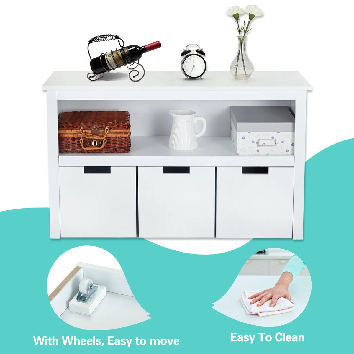 White Storage Cabinet with 3 Rolling Box Cubes and Large Shelf O9300