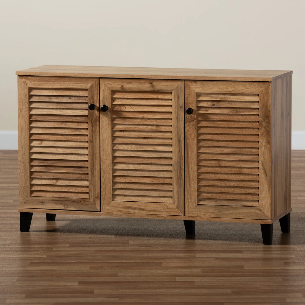 Oak Brown Wood 3-Door Shoe Storage Cabinet F578325