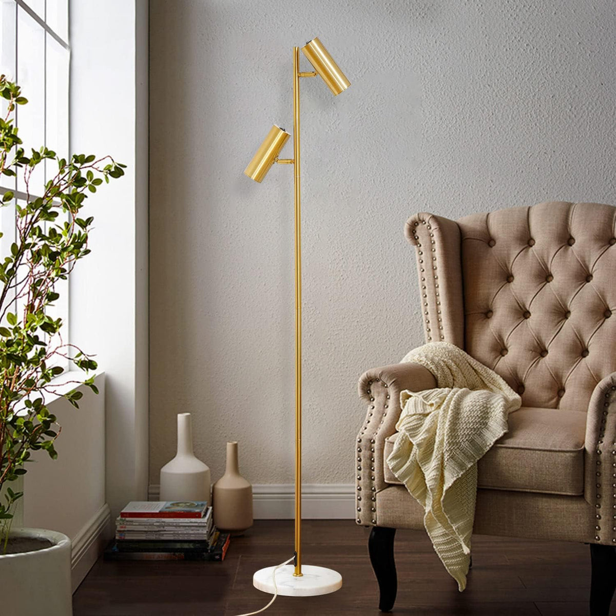 Double Head Floor Lamp with Foot Switch, Brass/Gold Finish E343971