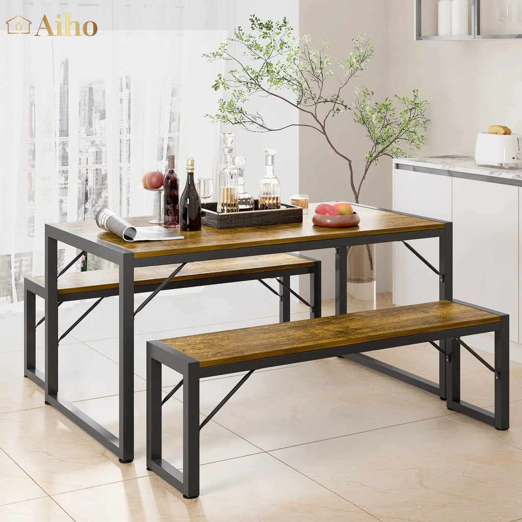 Gray Dining Table Set for 4 with 2 Benches T934168