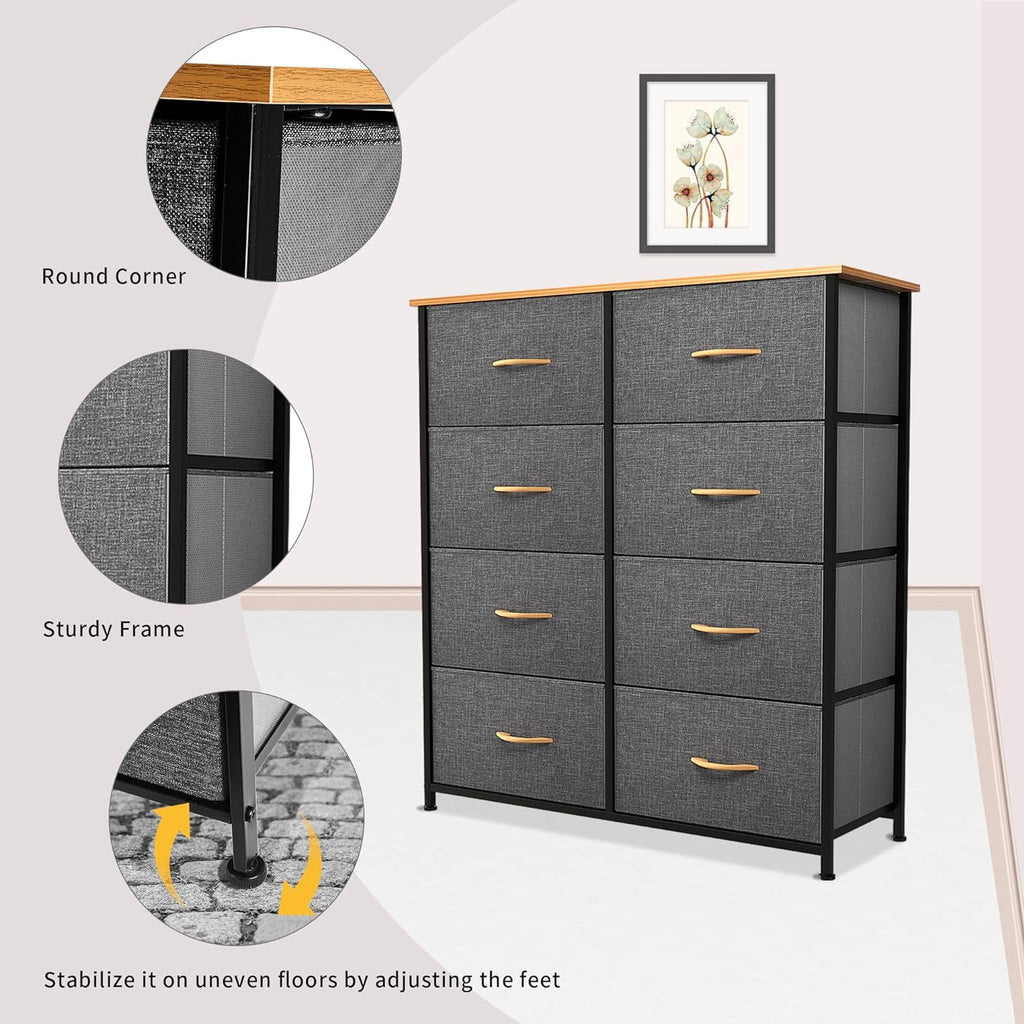 Fabric Dresser with 8 Drawers Steel Frame Wooden Top Dark Gray D4466