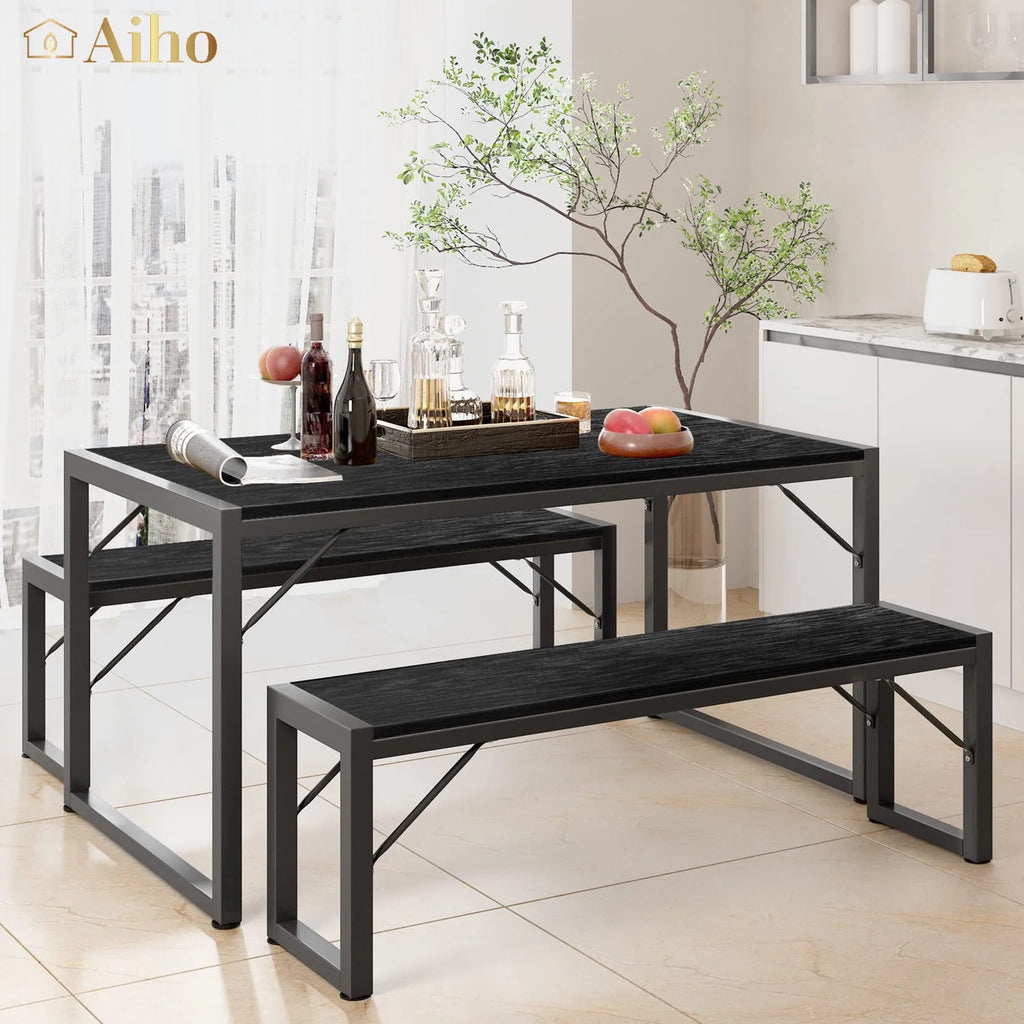 Gray Dining Table Set for 4 with 2 Benches T934168