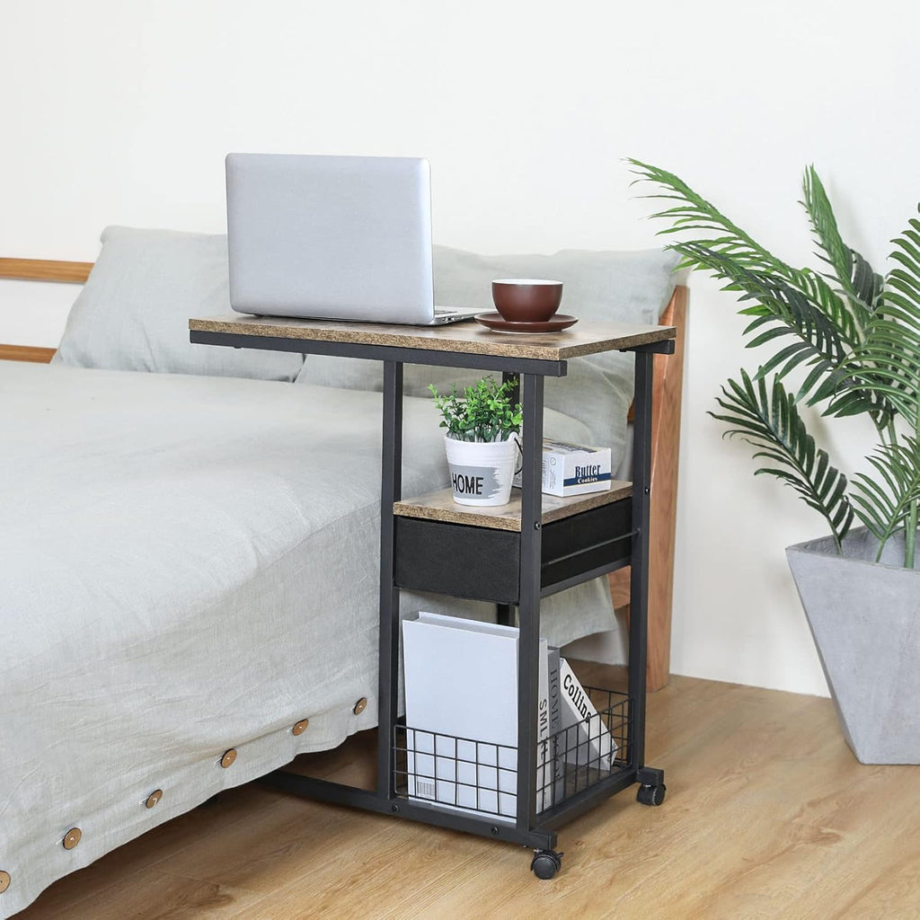 C Shaped Couch Side Table with Drawer, Rolling Bedside Desk C401963