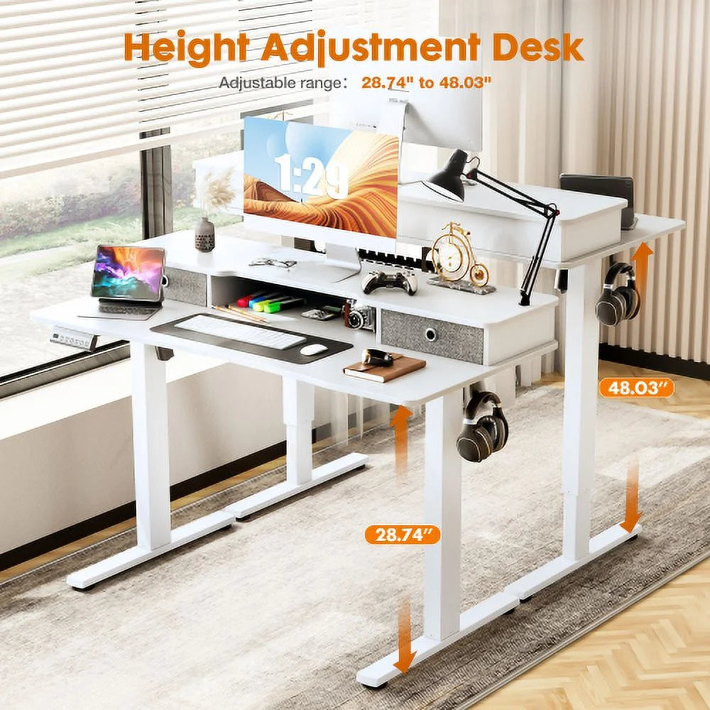 Height Adjustable Electric Standing Desk with Storage Shelf Double Drawer White X824