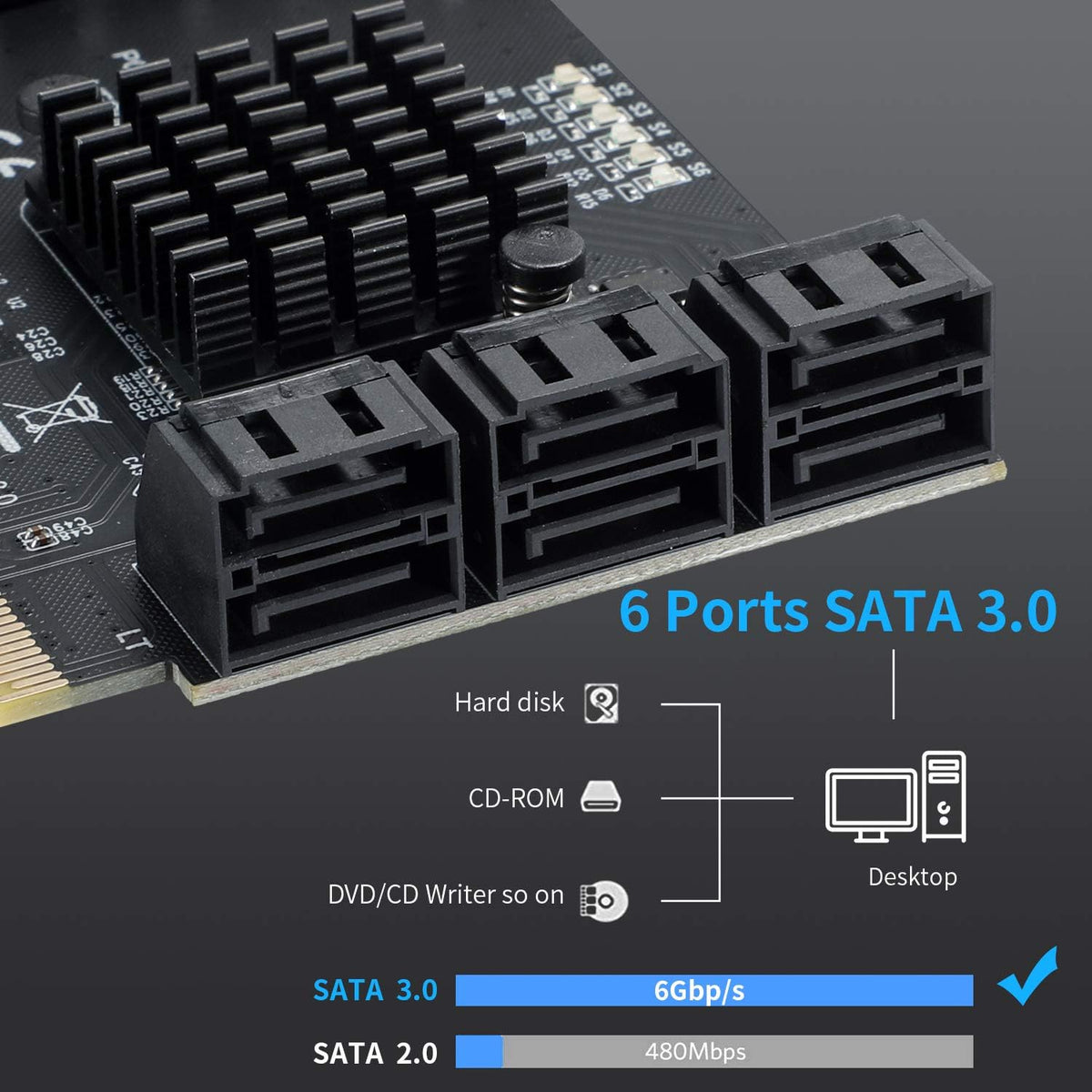 PCIe SATA Card 6 Ports SATA III Controller Expansion Card with 6 SATA Cables Pack of 2 T663280