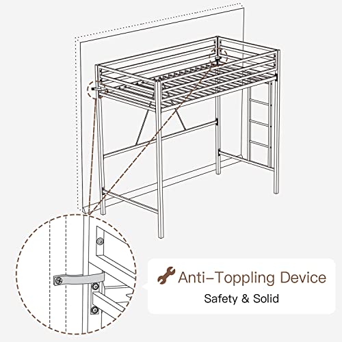 Metal Loft Bed Twin Size with Guardrail and Ladder Cream White V7093