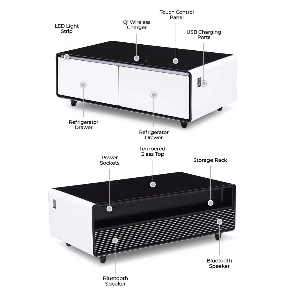 White Smart Coffee Table with Fridge and Bluetooth Speakers K308