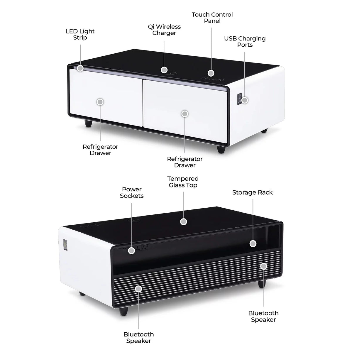 White Smart Coffee Table with Fridge and Bluetooth Speakers K308