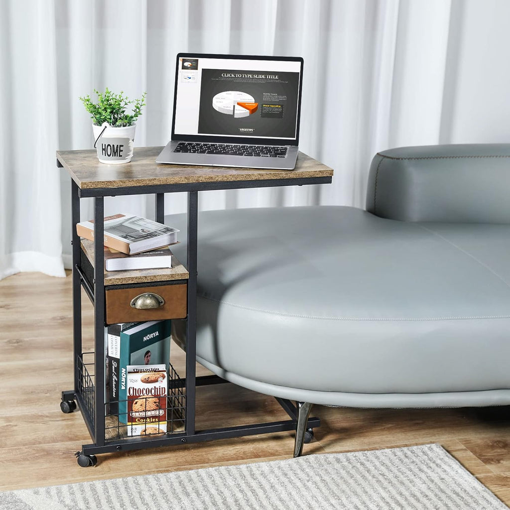C Shaped Couch Side Table with Drawer, Rolling Bedside Desk C401963