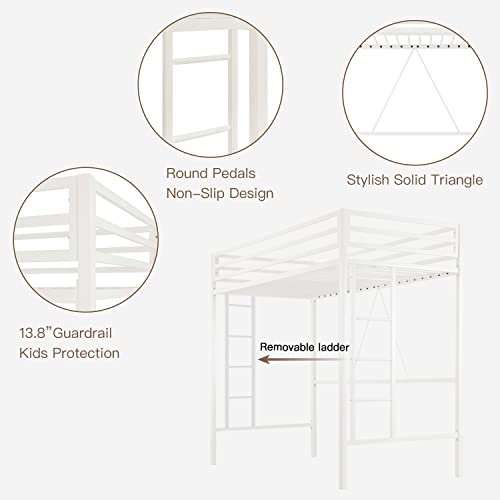 Metal Loft Bed Twin Size with Guardrail and Ladder Cream White V7093