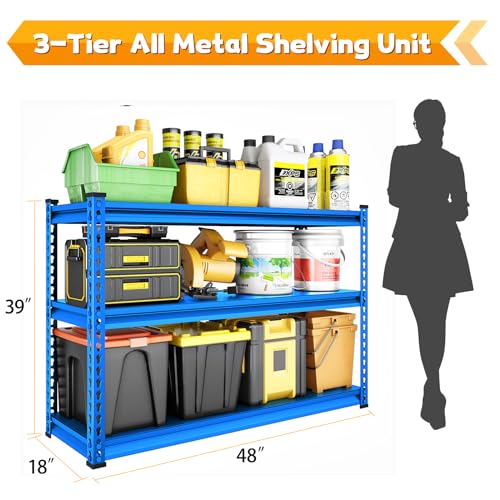 48" W Blue 3-Tier Metal Garage Shelving B8302
