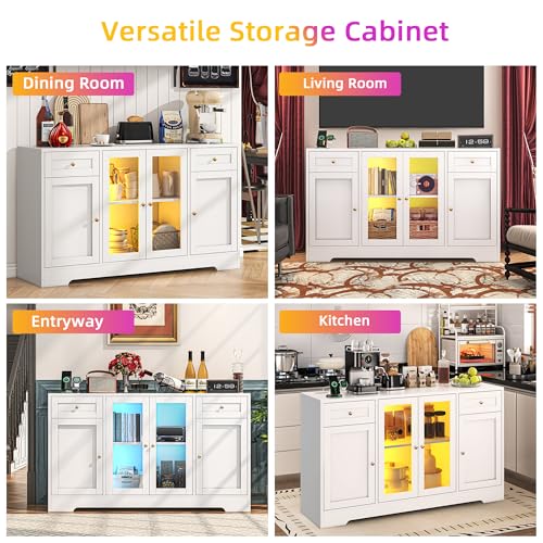 55'' Wood Coffee Bar Cabinet with 4 Doors and Charging Station L595