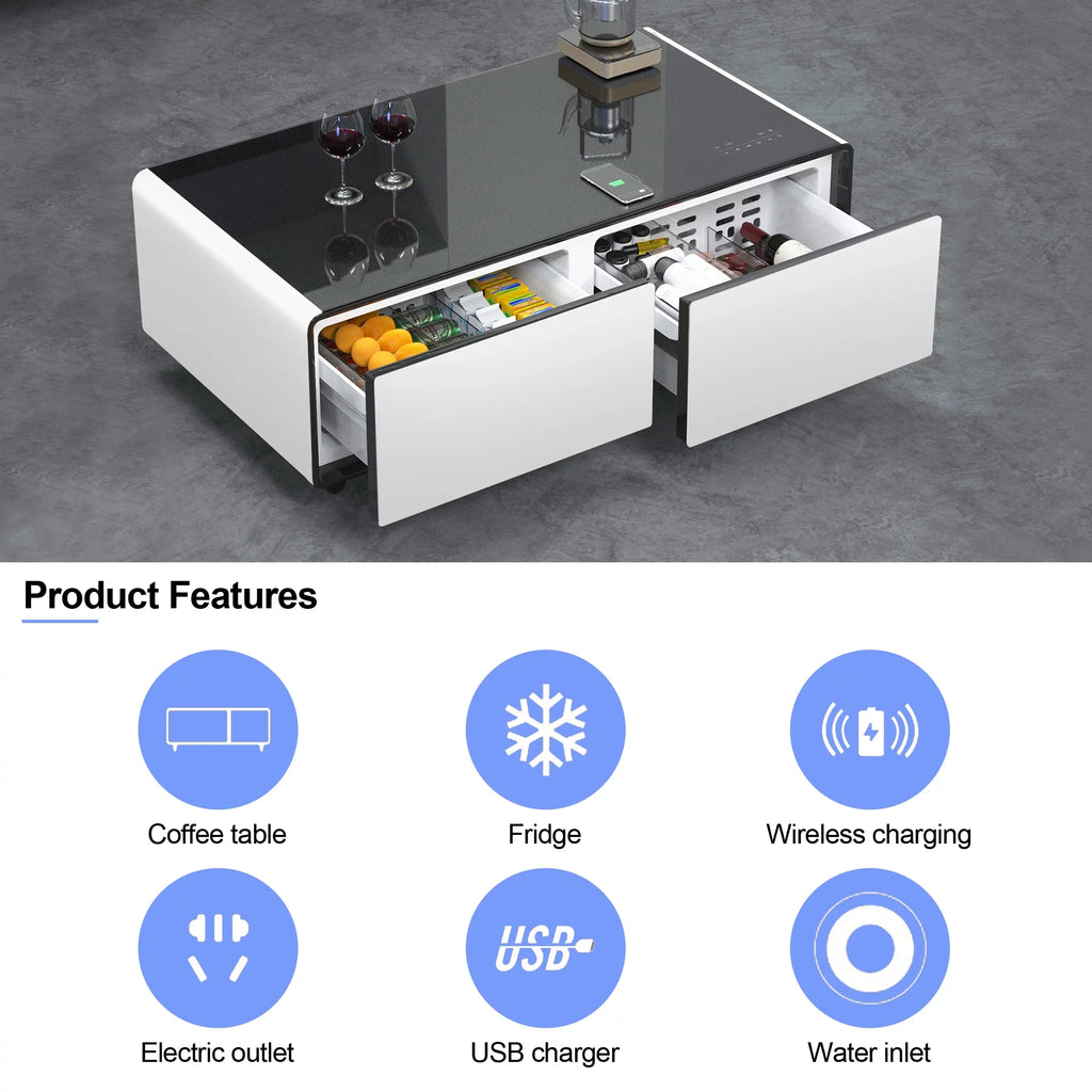 White Smart Coffee Table with Fridge and Bluetooth Speakers K308