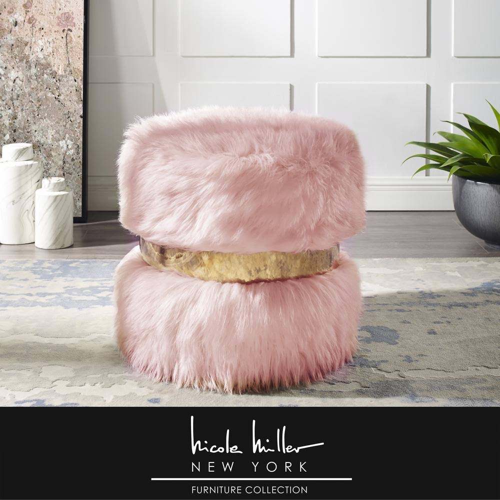 Blush/Gold Faux Fur Round Ottoman Z4094