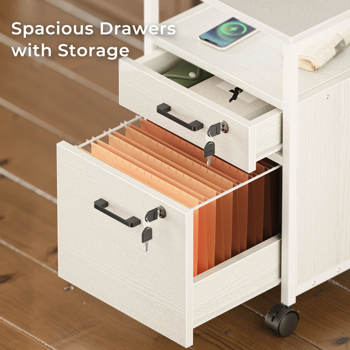 White 2 Drawer Mobile File Cabinet with Lock and Charging Station U911809