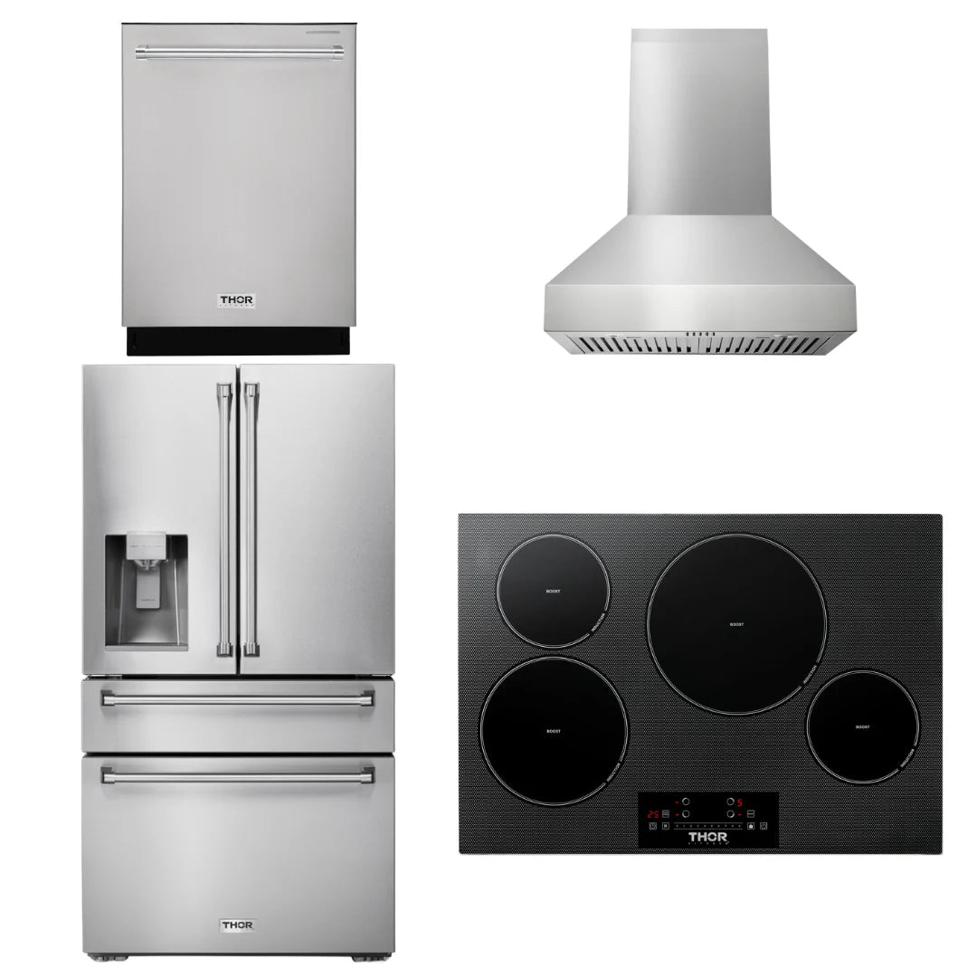 30 Induction Cooktop, Range Hood, Refrigerator with Water and Ice Dispenser, Dishwasher R508