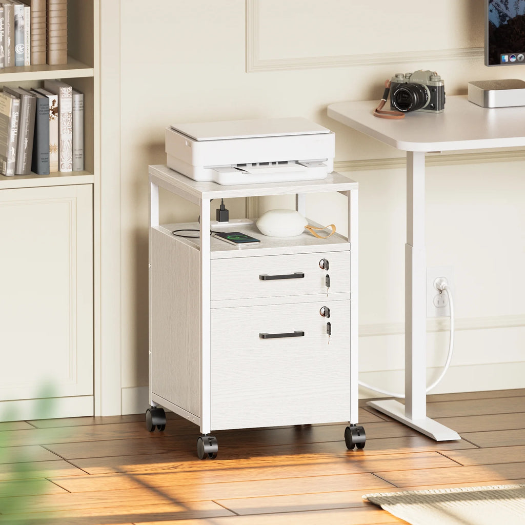 White 2 Drawer Mobile File Cabinet with Lock and Charging Station U911809