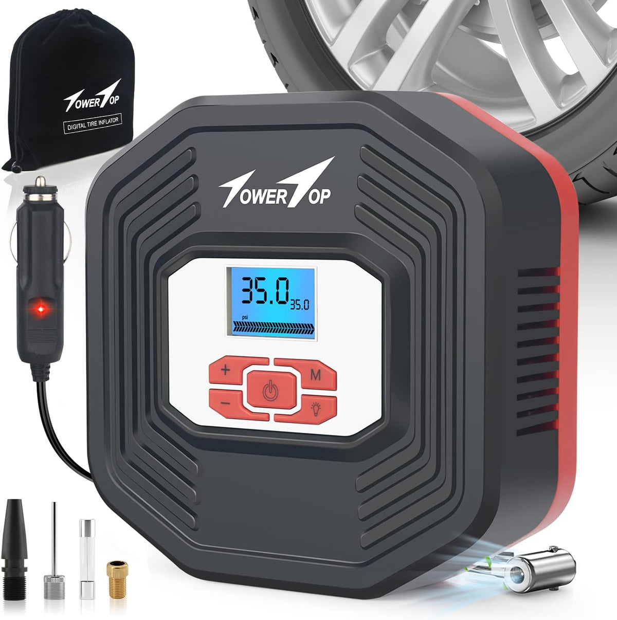 Portable 12V DC Air Pump Tire Inflator with Digital Pressure Gauge, LED Emergency Lights, Pack of 2 J70407