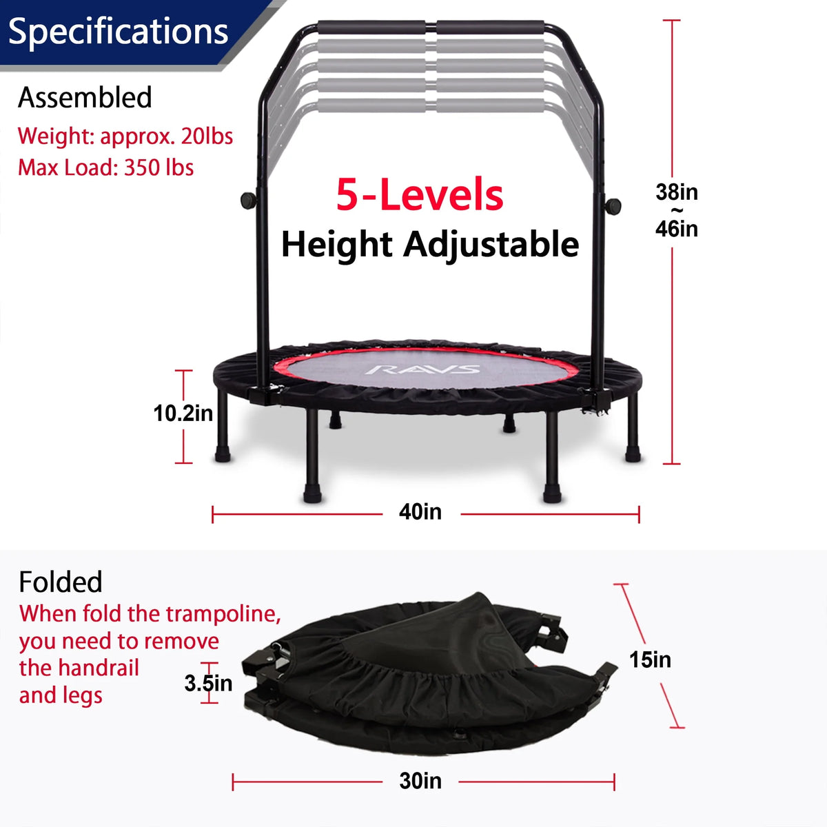 40'' Black Foldable Mini Trampoline Rebounder J9275