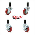 3 inch Red Polyurethane Swivel Expanding Stem Caster Set 2 Brake N7096