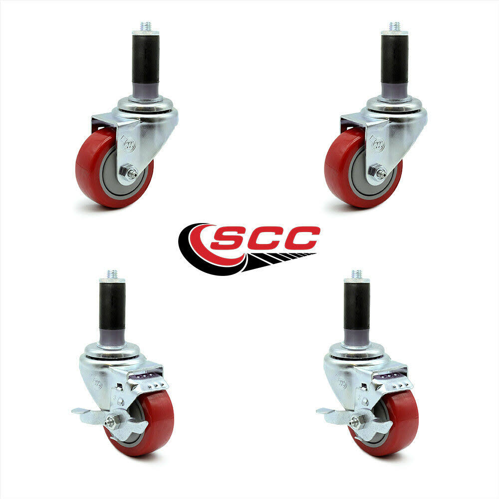 3 inch Red Polyurethane Swivel Expanding Stem Caster Set 2 Brake N7096