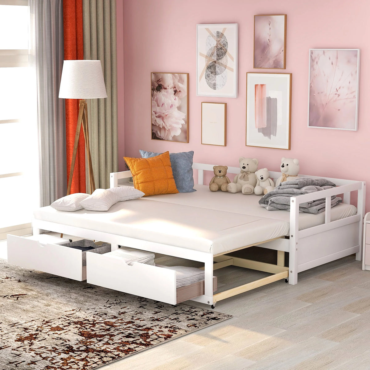 Twin Size White Wooden Daybed with 2 Drawers H566