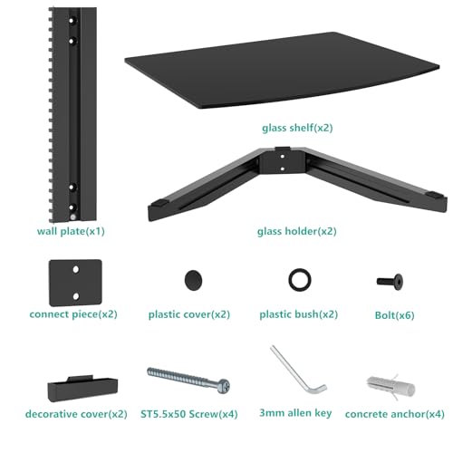 Black 2 Shelf Tempered Glass Floating Shelves I72214