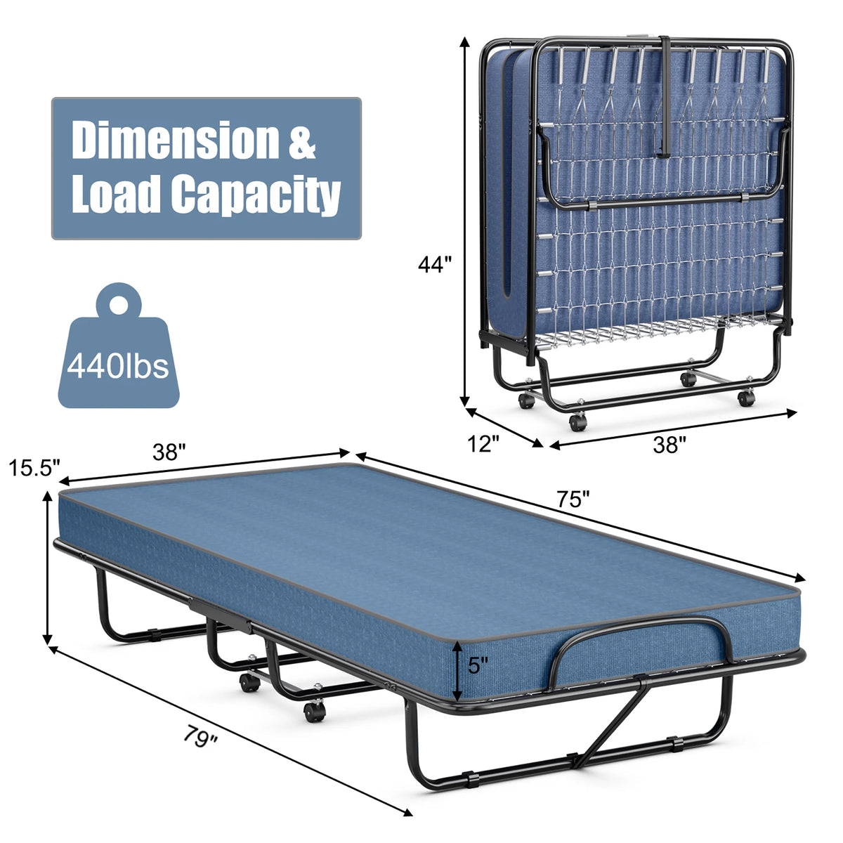 Folding Bed with Mattress Portable Rollaway Guest Cot Memory Foam Navy T4000