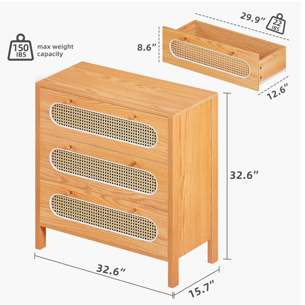 3 Drawer Rattan Wood Dresser F98546