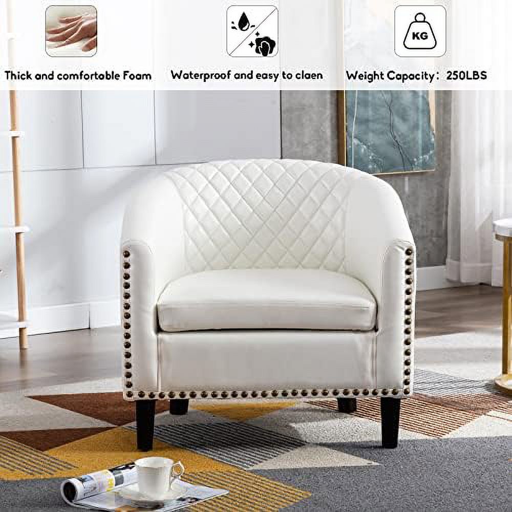 White Faux Leather Barrel Club Chair with Solid Wood Legs Q8621