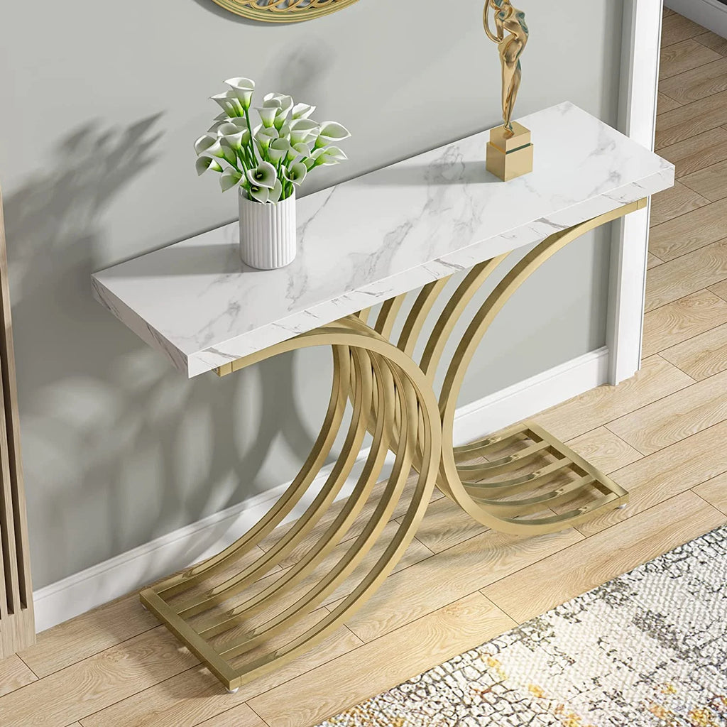 Console Table with Gold Metal Base and Faux Marble Z43819