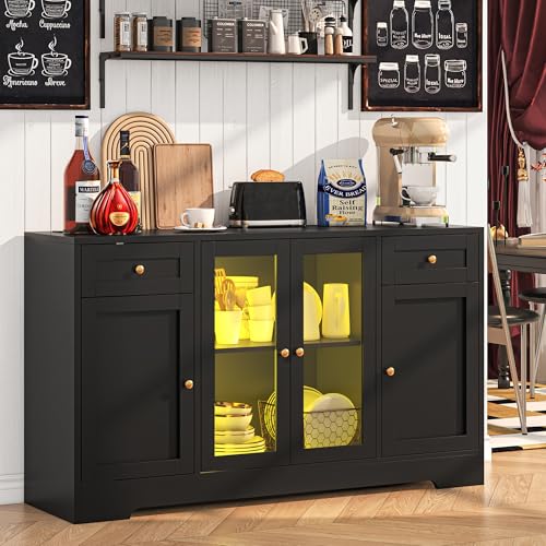 55'' Wood Coffee Bar Cabinet with 4 Doors and Charging Station L595