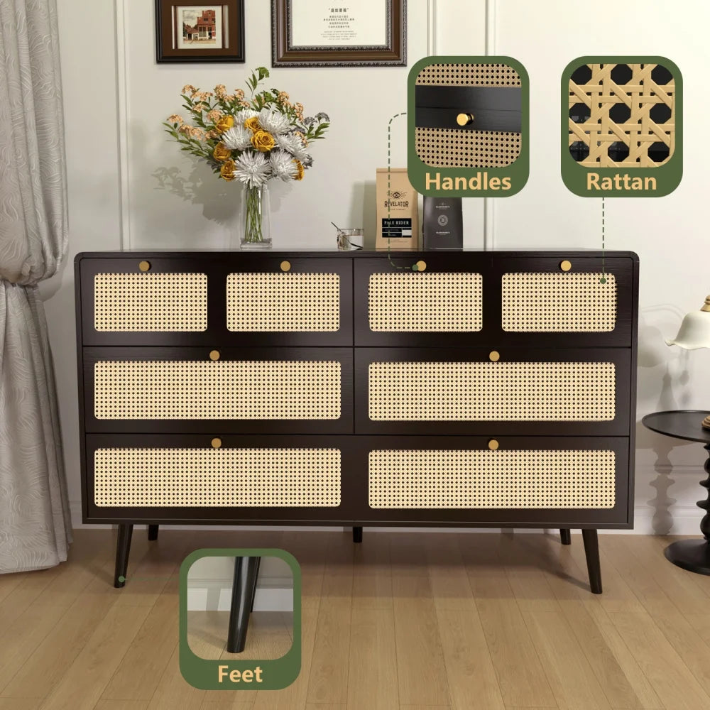 6 Drawer Rattan Wood Dresser P949