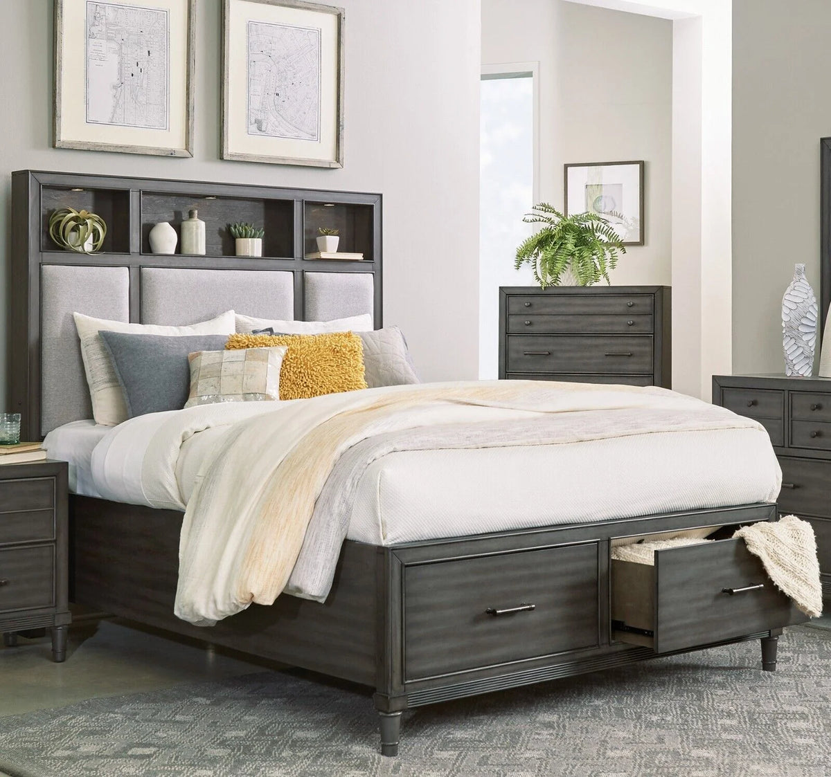 Cal-King Platform Bed with Storage USB Port Bookshelves LED Headboard S30636