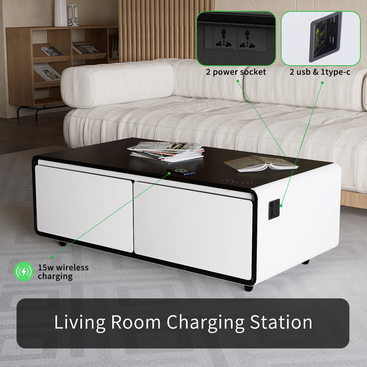 White Smart Coffee Table with Fridge and Bluetooth Speakers K308