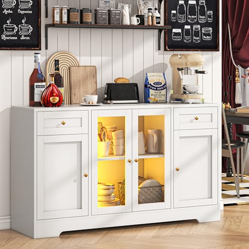 55'' Wood Coffee Bar Cabinet with 4 Doors and Charging Station L595