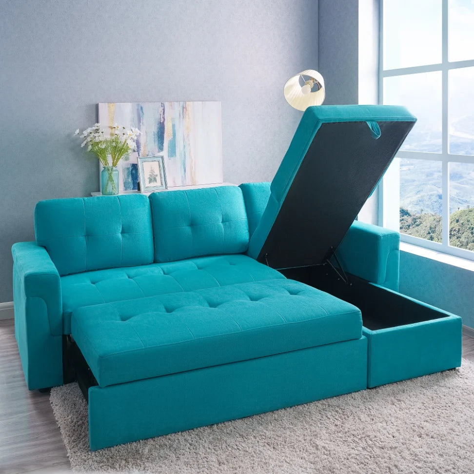 Teal Velvet Reversible Sleeper Sectional Sofa V491