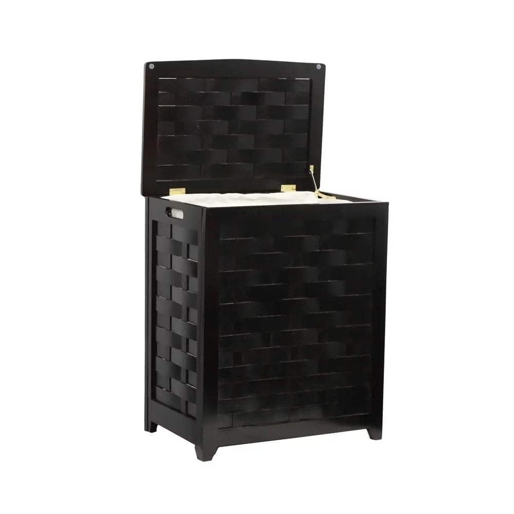 Black Rectangular Wood Laundry Hamper with Interior Bag Q181