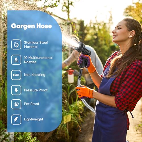 50 FT Stainless Steel Garden Hose with 10 Function Nozzle S66495