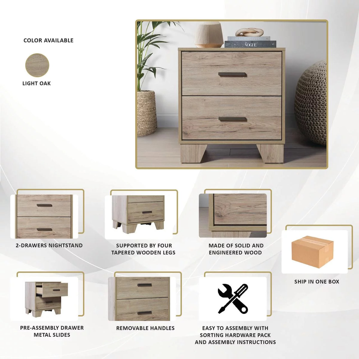 2 Drawers Light Oak Nightstand N7079
