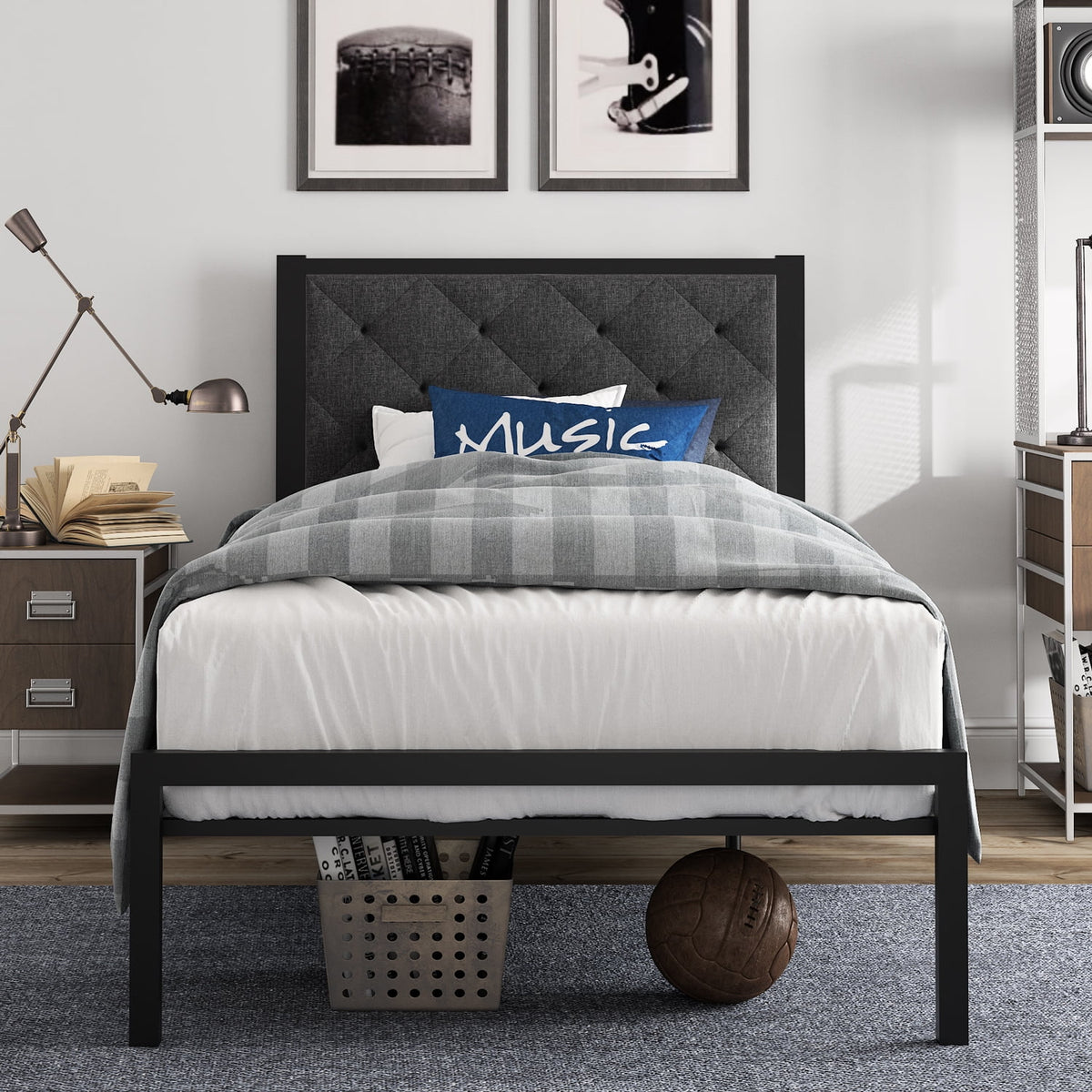 Twin Size Metal Bed Frame with Upholstered Headboard F231
