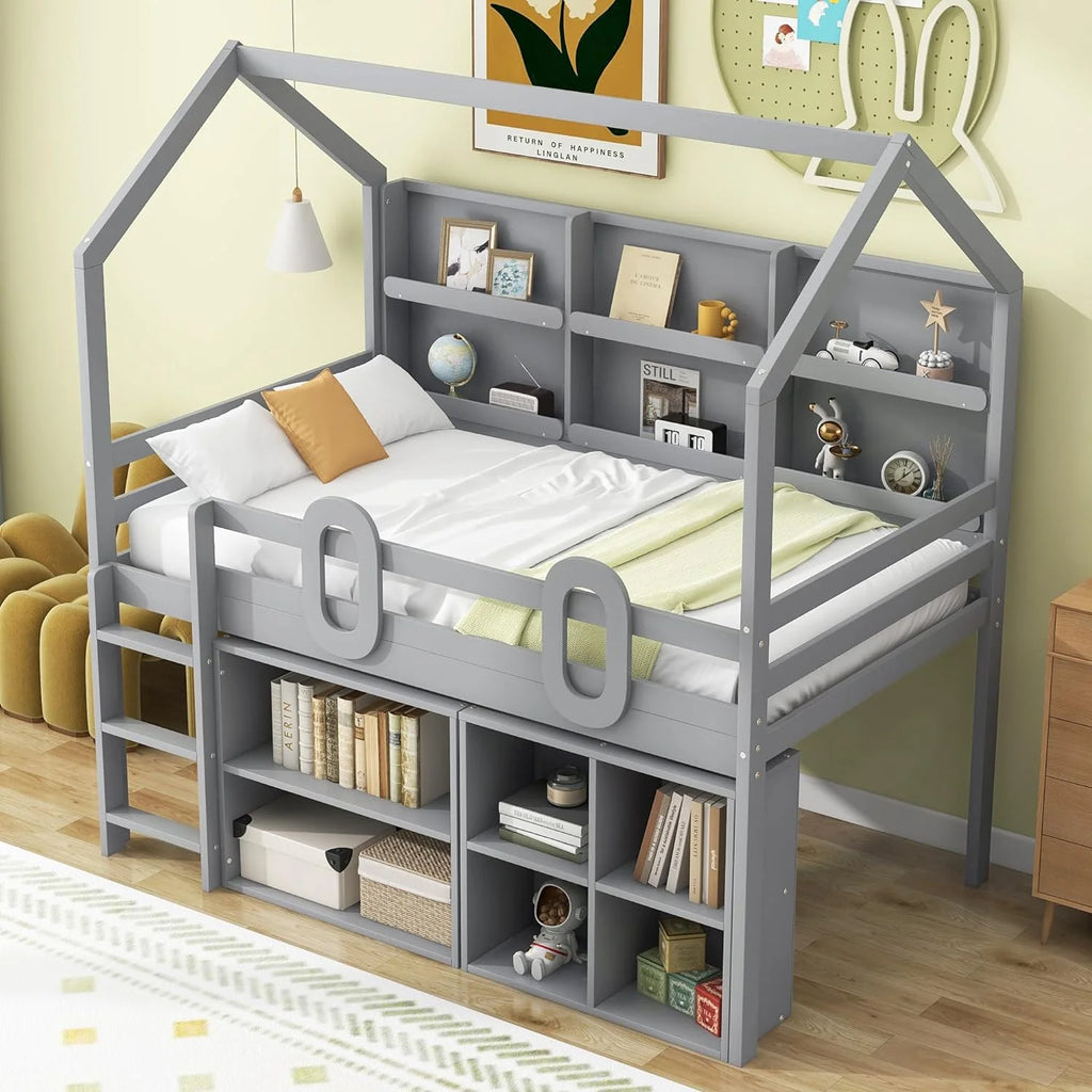 Grey Wood Loft Bed Frame with Storage Shelves L883624